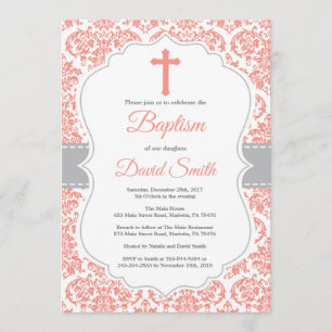 Baptismo chica Invitación Damasco de Coral Rojo y 