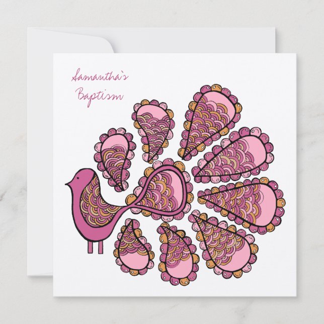 Baptismo Christening Pink Peacock Invitación (Anverso)