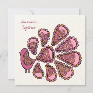 Baptismo Christening Pink Peacock Invitación