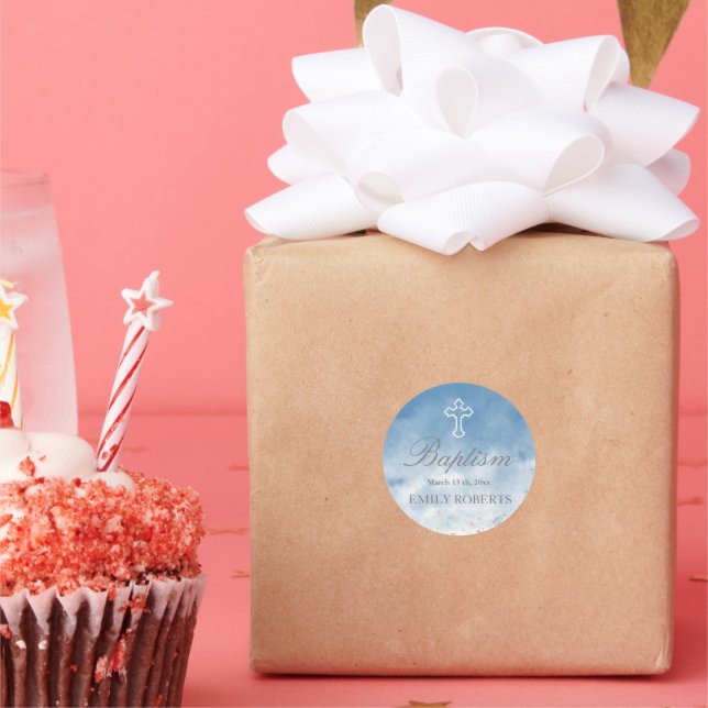 baptismo cielo azul elegante monograma pegatina (Fiesta)