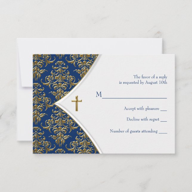 Baptismo cruzado azul y oro Christening RSVP (Anverso)