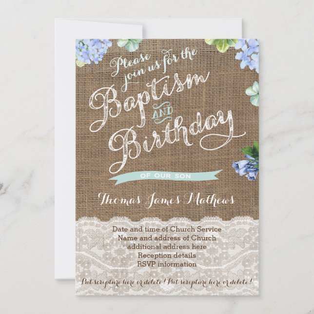 Baptismo de Burlap e invitaciones de cumpleaños pa (Anverso)