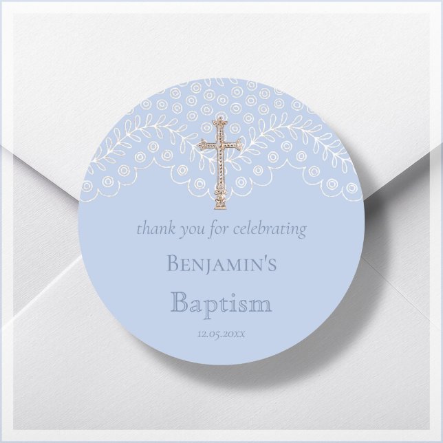 Baptismo de encaje azul Gracias Pegatina redondo c (Subido por el creador)