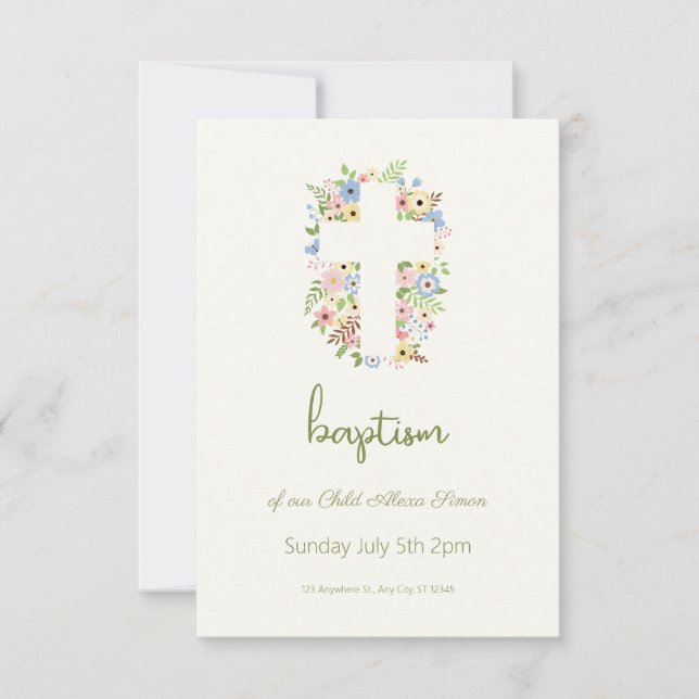 Baptismo de la Cruz Floral RSVP - Pastel suave (Anverso)