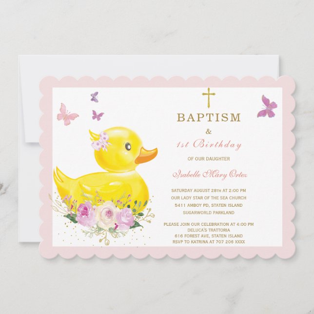 Baptismo de mariposa rosada Invitación de primer c (Anverso)