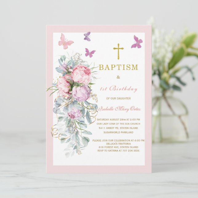 Baptismo de mariposa rosada Invitación de primer c (Anverso de pie)