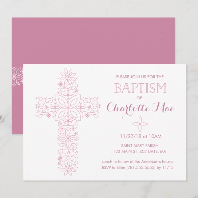 Baptismo de niña bebé, tarjeta de invitación para  (Anverso / Reverso)