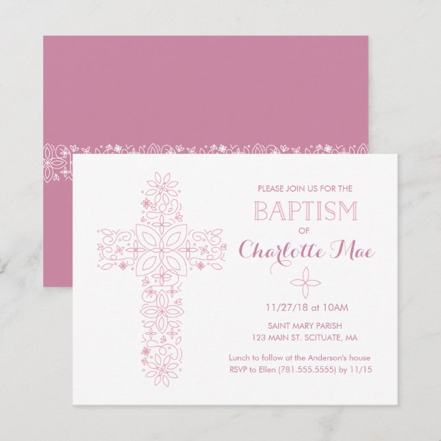 Baptismo de niña bebé, tarjeta de invitación para  (Anverso / Reverso)
