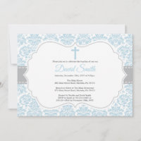 Baptismo de niño Invitación Damasco azul y gris