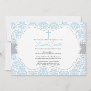Baptismo de niño Invitación Damasco azul y gris