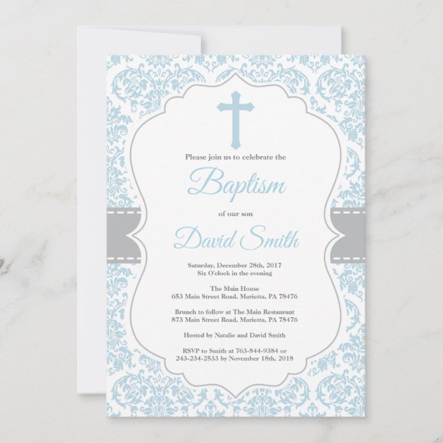 Baptismo de niño Invitación Damasco azul y gris (Anverso)