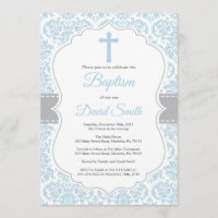 Baptismo de niño Invitación Damasco azul y gris