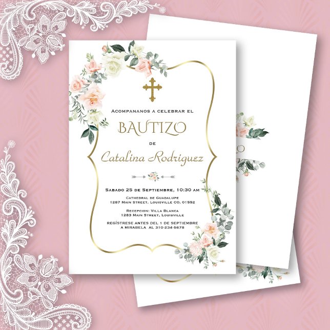 Baptismo De Oro De Invitación De Bautizo Con Flore (pink white flowers bautizo invite, trendy modern  elegant floral gold bautizo invitation, spanish )