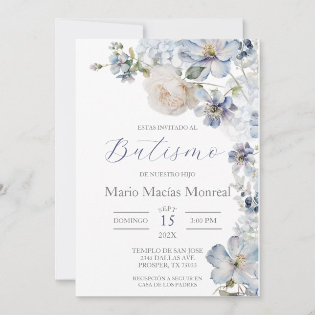 Baptismo floral azul claro Invitación española (Anverso)