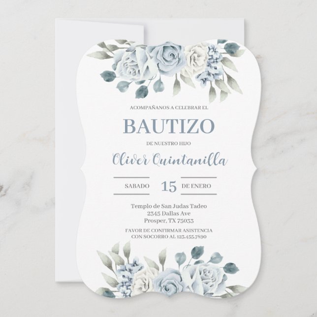 Baptismo floral azul Invitación española (Anverso)