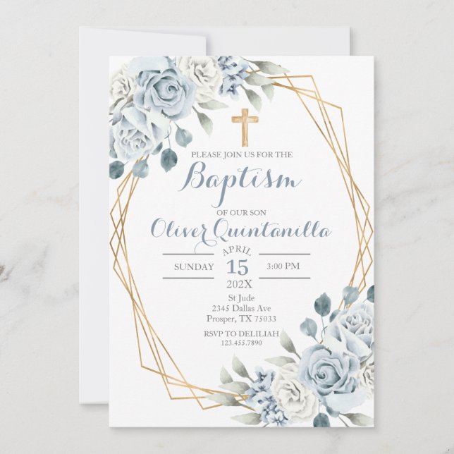 Baptismo floral azul Invitación española (Anverso)