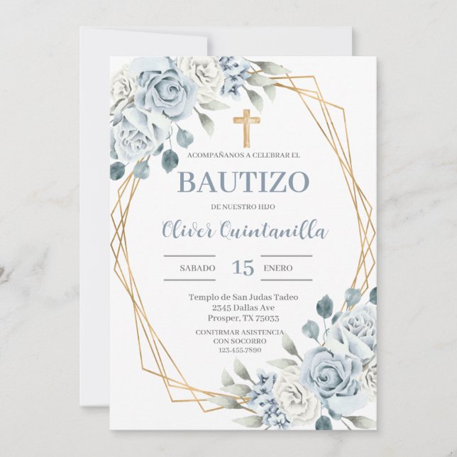 Baptismo floral azul Invitación española (Anverso)