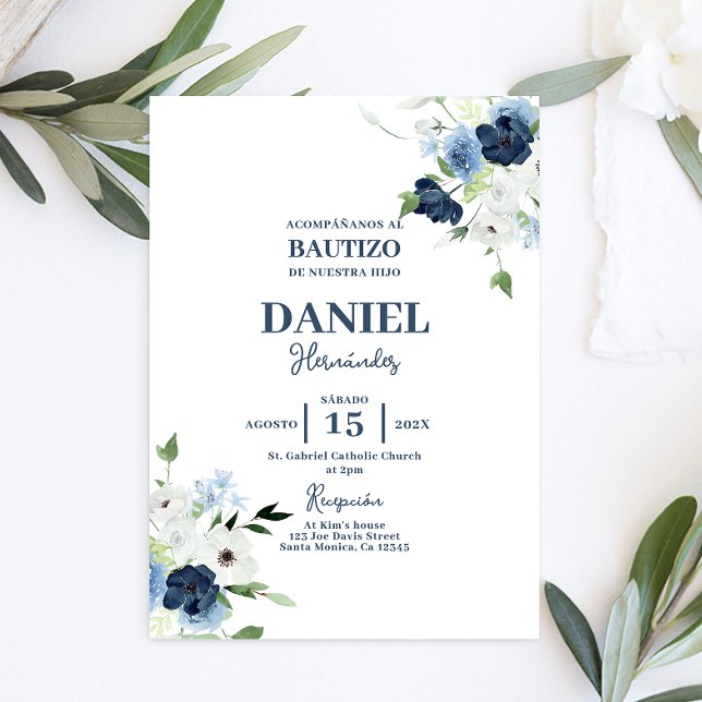 Baptismo floral azul marino Invitación española (Subido por el creador)