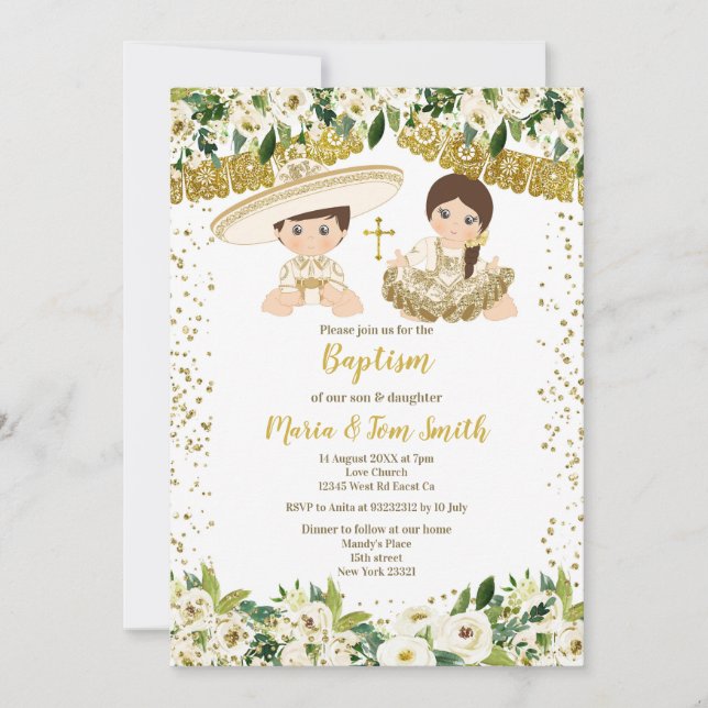 Baptismo floral Fiesta Invitación gemela (Anverso)