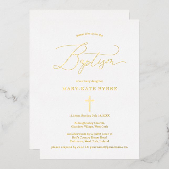 Baptismo Gold Cross Invitación y elegancia (Anverso/Reverso)