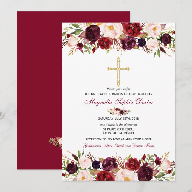 Baptismo Invitación acuarela Floral Baptism Card (Anverso / Reverso)