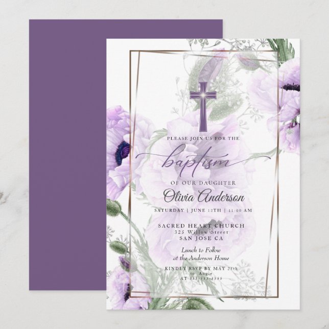 BAPTISMO | Invitación Amethyst Floral Cross (Anverso / Reverso)