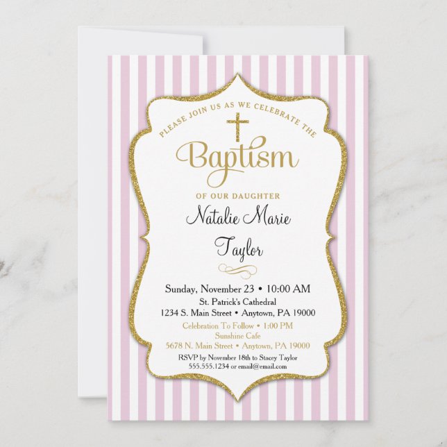 Baptismo Invitación Chicas Oro Rosa Elegante (Anverso)