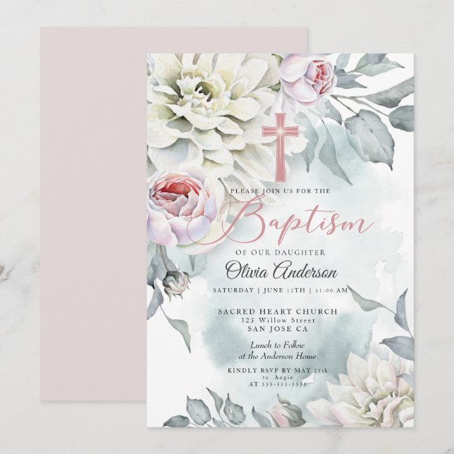 BAPTISMO | Invitación cruzada floral rosa de Rubor (Anverso / Reverso)