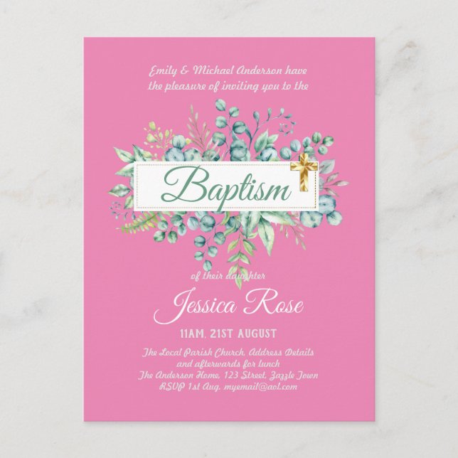 Baptismo Invitación Eucalyptus Greenereny BUDGET (Anverso)
