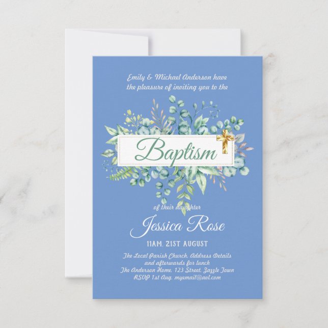 Baptismo Invitación Eucalyptus Greenereny BUDGET (Anverso)