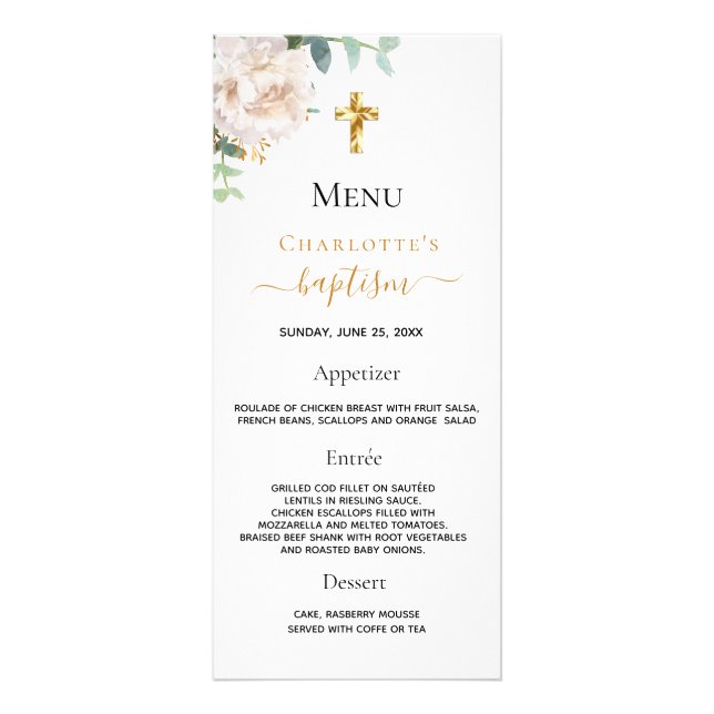 Baptismo Menú floral de oro blanco (Frente)