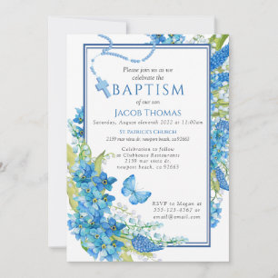Baptismo Niño Invitación Flor azul