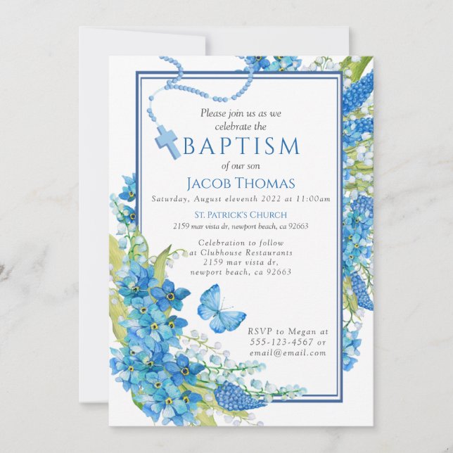 Baptismo Niño Invitación Flor azul (Anverso)