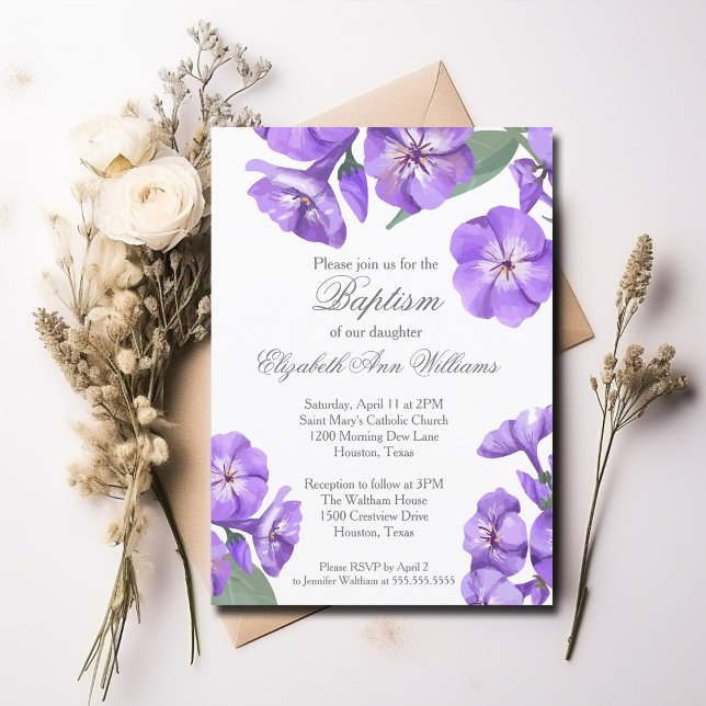 Baptismo Púrpura Floral Bonito Invitación (Subido por el creador)