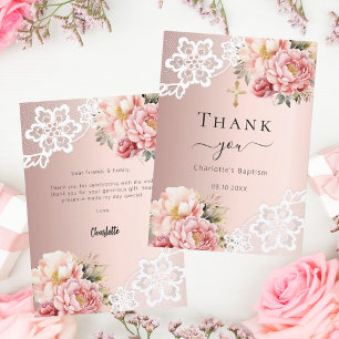 Baptismo rosa oro floral encaje gracias tarjeta