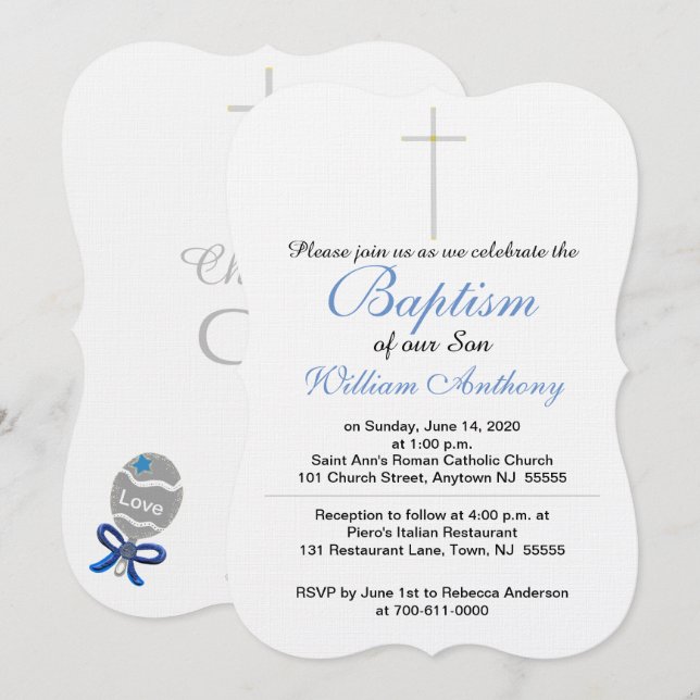 Baptismo Son Invitaciones Cruzadas Azul (Anverso / Reverso)