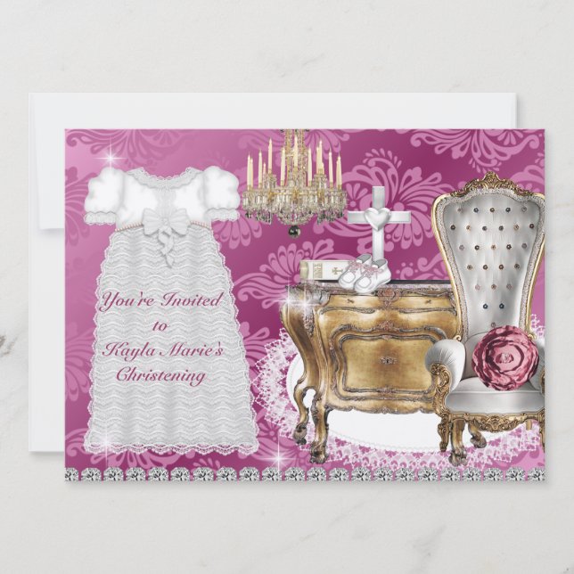 BAPTISMO Vintage Invitación PINK DISEÑO DAMASK (Anverso)