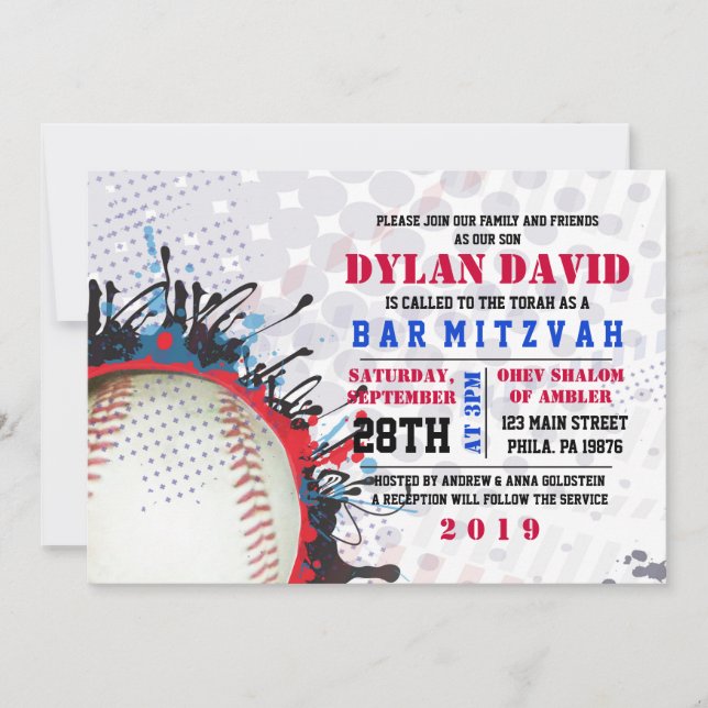 Bar Bat Mitzvah BASEBALL Splatter Invitación (Anverso)