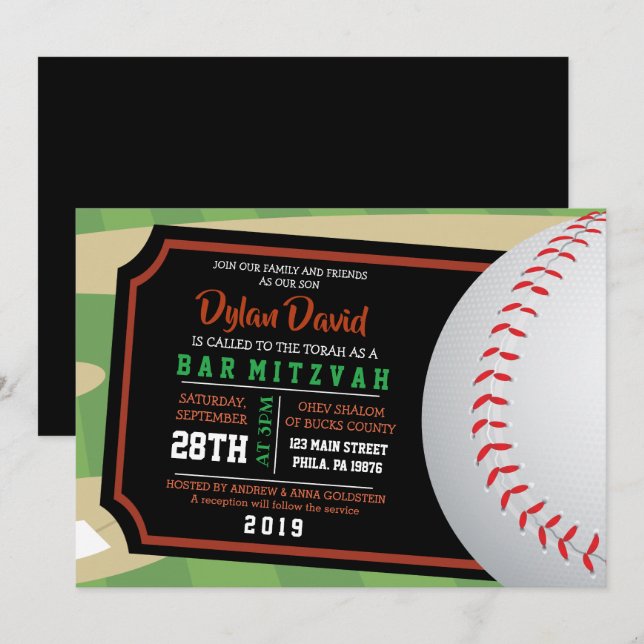 Bar Bat Mitzvah BASEBALL TICKET Invitación (Anverso / Reverso)