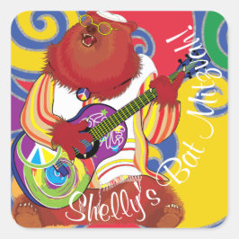 Bar Bat Mitzvah Swirls Hippie Bear Square Pegatina