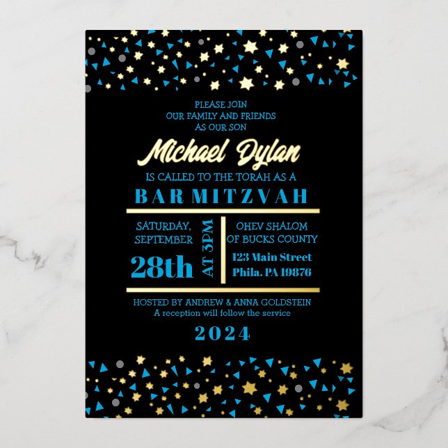 Bar Blue Stars Bat Mitzvah Invitación Relieve meta (Anverso)