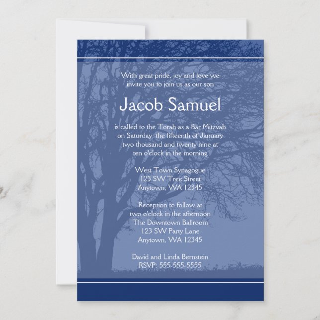 Bar Blue Tree of Life Invitaciones Mitzvah (Anverso)