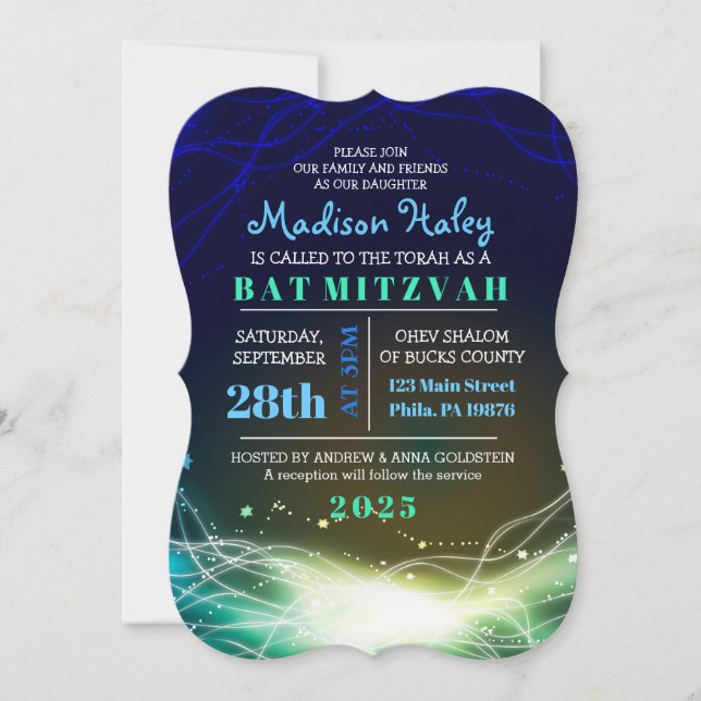 Bar de Neon Stars brillante Mitzvah Invitación azu (Anverso)