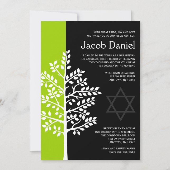 Bar Green Black Tree of Life Invitaciones Mitzvah (Anverso)