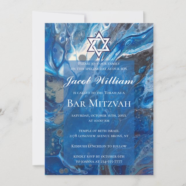 Bar judío Mitzvah Blue Fluid Art Invitación (Anverso)