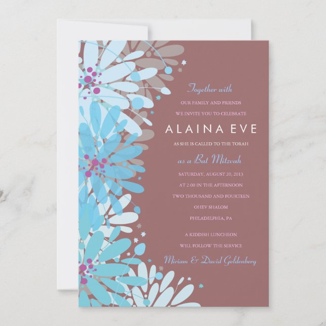 Bar KINDA AZUL FLOWERS Bat Mitzvah Invitación (Anverso)