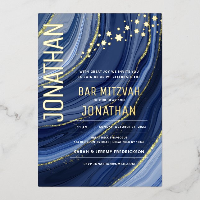 Bar Mitzvah Agate Marble REAL Invitación al Reliev (Anverso)