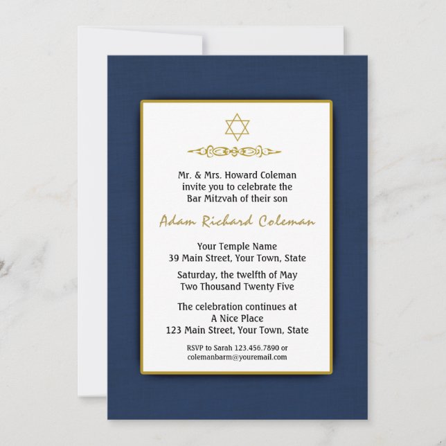 Bar Mitzvah Azul oscuro y invitación dorada (Anverso)