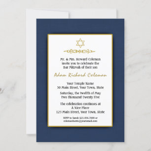 Bar Mitzvah Azul oscuro y invitación dorada