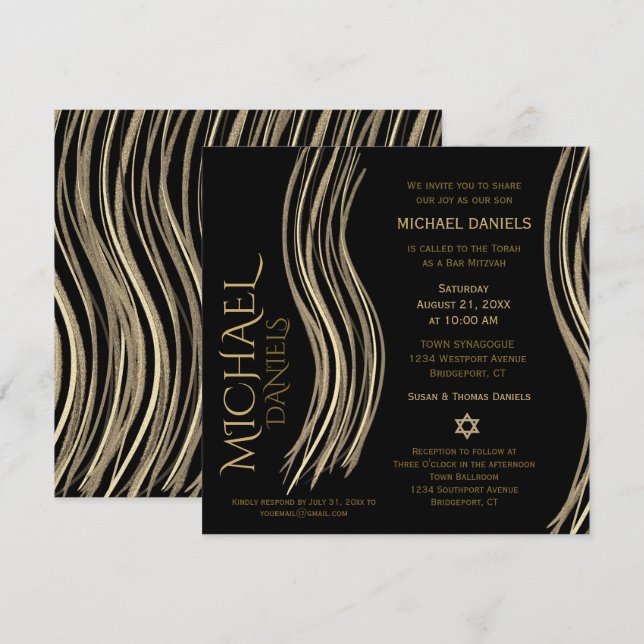 Bar Mitzvah Black and Gold Prayer Shawl Invitación (Anverso / Reverso)